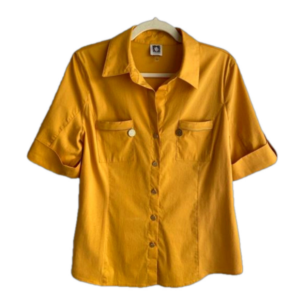 Anne Klein Yellow Blouse Size L Slight Stretch Button Front
